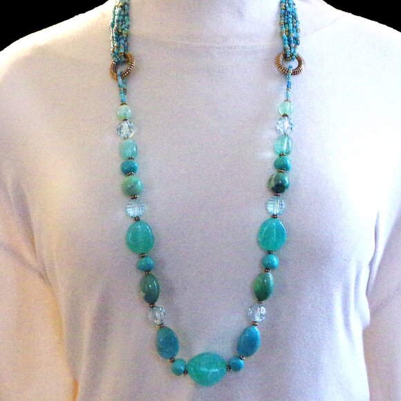 Long turquoise color bead necklace with acrylic, seed beads, and silver beads - Picture 3 of 10
